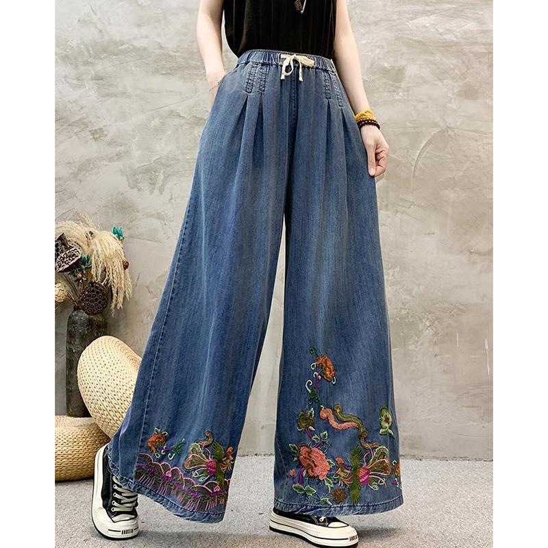 Summer New Wide Leg Jeans for Women Vintage Ethnic Style Embroidered Loose Slimming Straight Denim Pants Female Summer