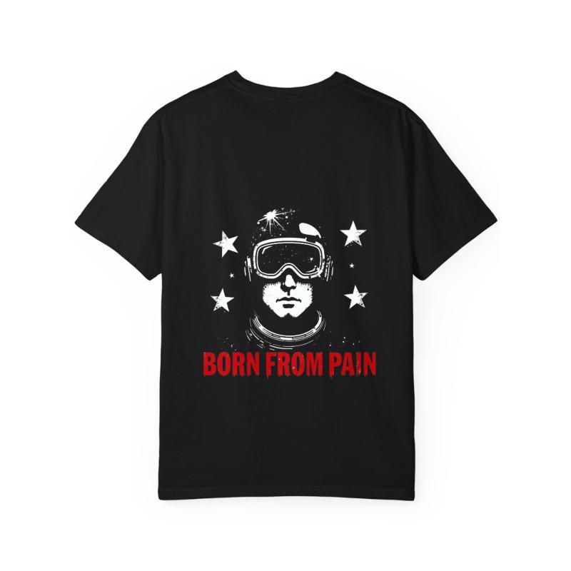 White T-Shirt with Skull and Stars Print Born From Pain Text Design for Casual Wear