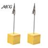 Metal Pole Memo Stand 2 Pcs Wooden Cube Base Holder with Clips, Mini Table Smooth Open Close Clip Number Stands for Name Cards, Photos, Memos,