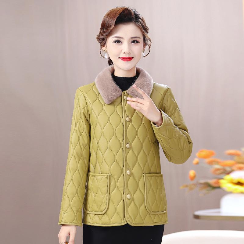 Chic Winter Fleece-lined Coat for Middle-aged & Elderly Women - Fashionable Leather-Feel, Loose Fit Top