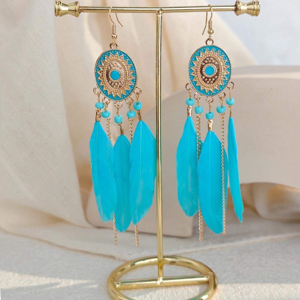 Богемные цветные серьги-клипсы с перьями, тканевые серьги с бахромой из рисовых бусин, в ретро этническом стиле, высококлассные ажурные серьги