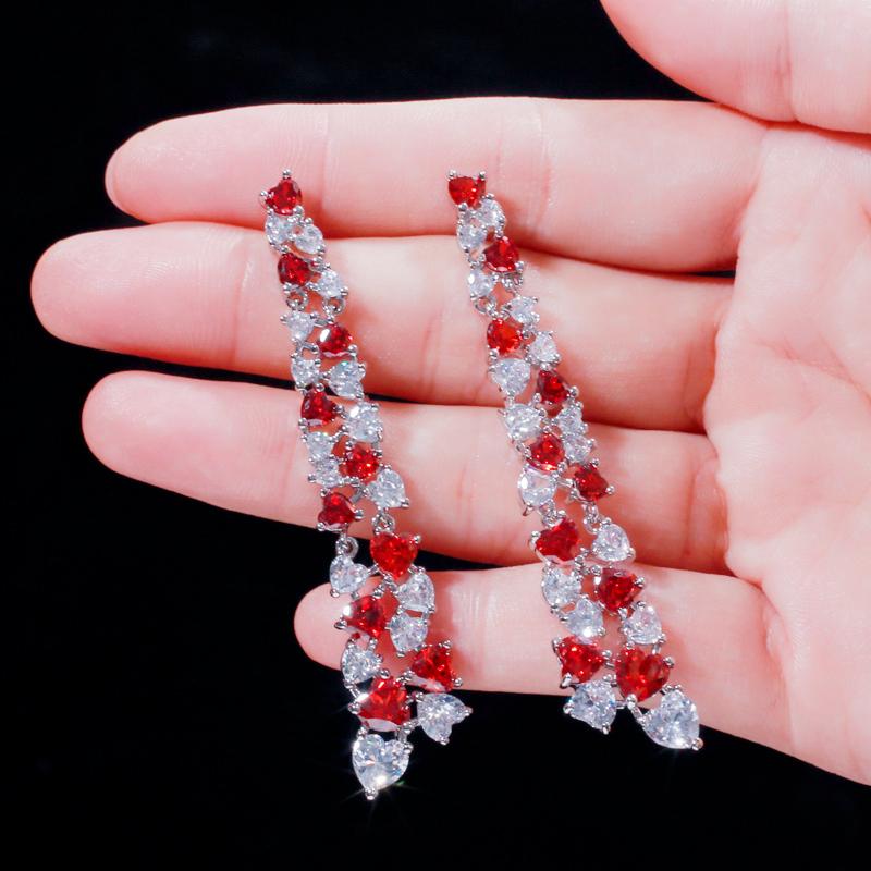 CMM Unique Love Heart Cut Sparkly Red Cubic Zirconia Long Dangle Drop Earrings for Women Jewelry Gift
