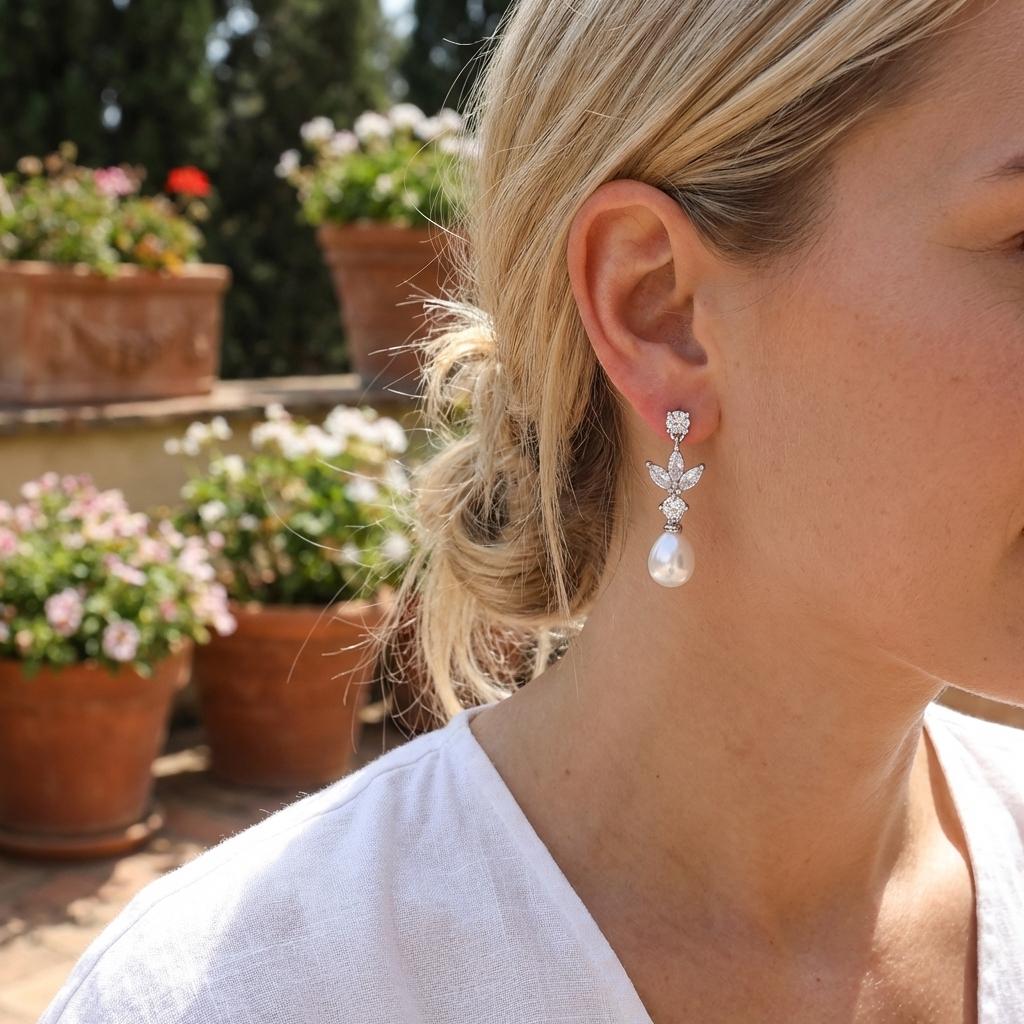 Classic AAA Zircon Imitation Pearl Drop Earrings For Women Shiny Cubic Zirconia Leaf Dangle Earring Bridal Wedding Party Jewelry