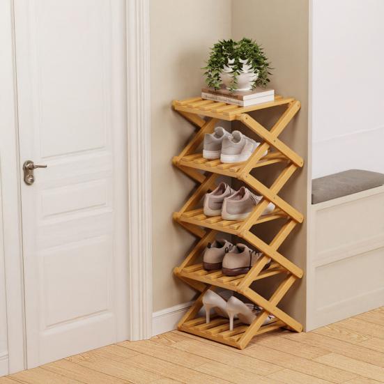 Wooden Folding Shoe Rack No Assembly 2/3/4/5/6/7 Tiers Bamboo Corner Shoe Rack Hallway Entryway Small Space Shoe Organizer Shelf