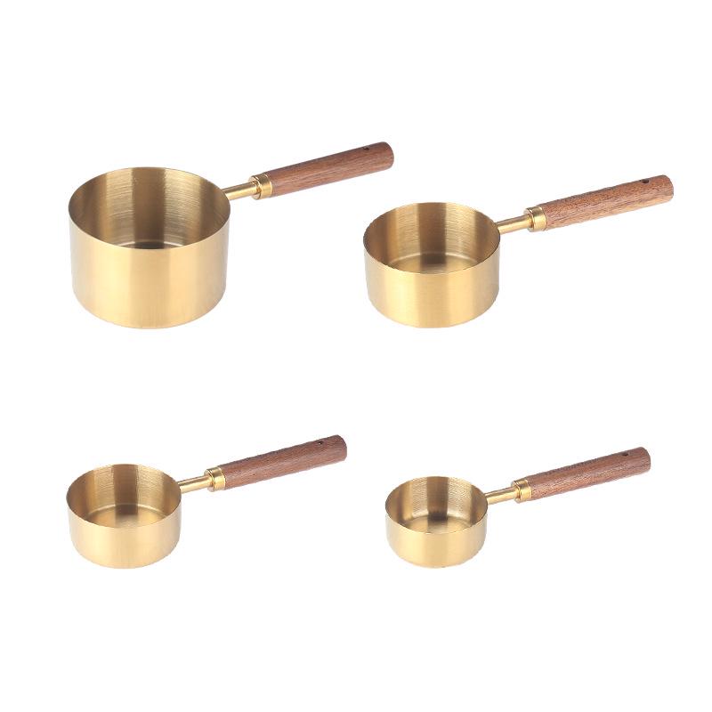 Gold & Black Stainless Steel Measuring Cups and Spoons with Wooden Handles and Scale - Multifunctional Baking & Coffee Spoon Set