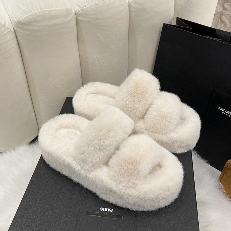 Thick bottom heightening one-word fluffy slippers women's outer wear ins home explosion non-slip versatile autumn and winter cotton slippers