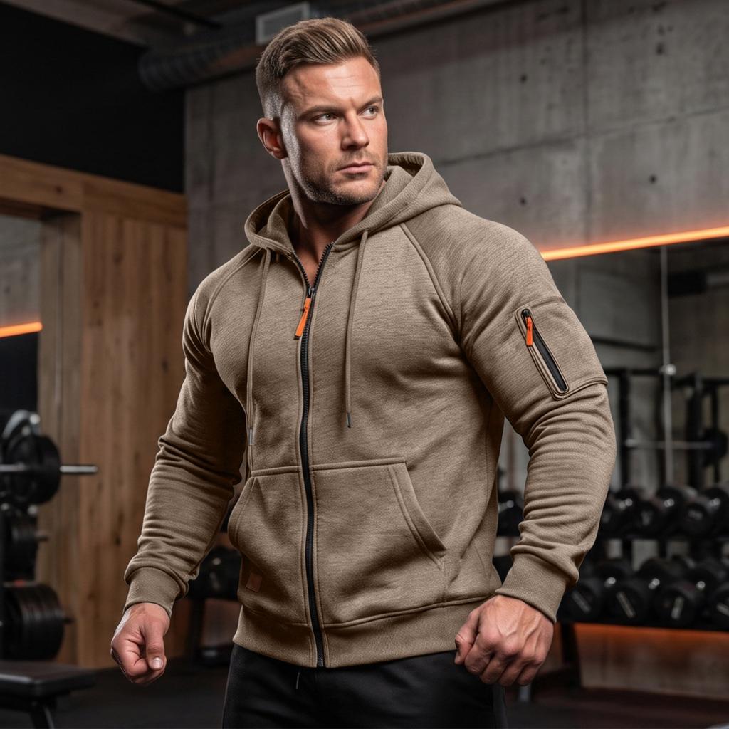 Men's Zip-Up Hoodie Jacket with Multiple Pockets for Outdoor Sports Training