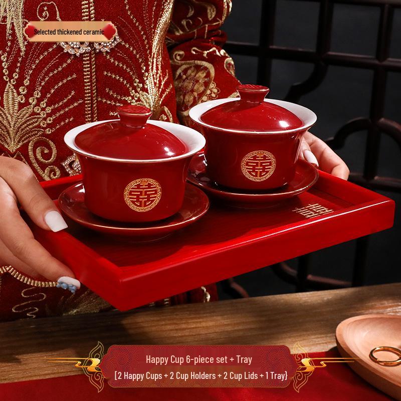 Wedding Tea Set: Red Bowls, Cups, and Chopsticks for Bride's Dowry