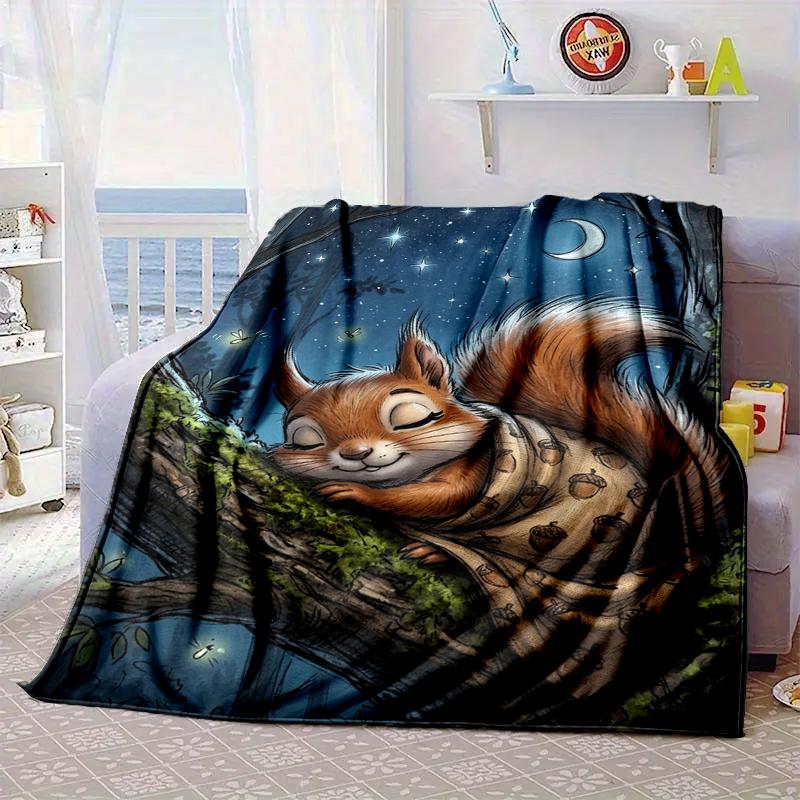 Squirrel Dreams Under Moonlight Blanket Flannel Blanket for Bed, Sofa, Camping, Hiking, Picnic Essentials, Gift for Family Fan Gifts