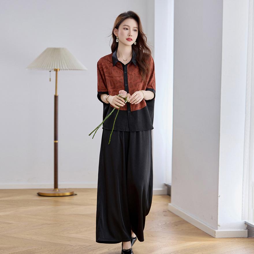 

Middle-aged casual loose suit women s summer new contrasting color short-sleeved top wide-leg trousers two-piece set XXL