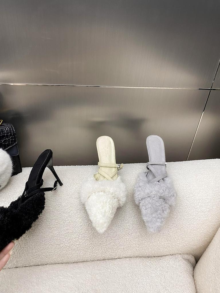 fashion Pointed Toe Women Sandals Summer Dress Shoes Back Strap Fur Fashion Thin High Heels Stiletto Fashion Dress Shoes Woman Size 40