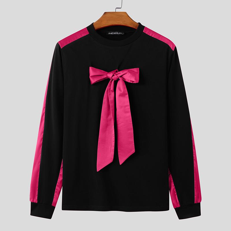 

INCERUN свободные мужские футболки с круглым вырезом и длинным рукавом с бантом и вышивкой 2XL темно-розовый