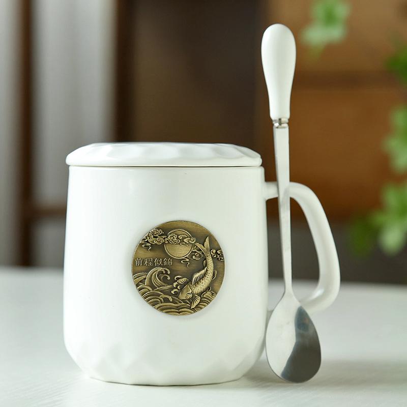 Ceramic Coffee Mermaid Copper Stamp Xingba Wind Ceramic Cup With Lid Spoon
