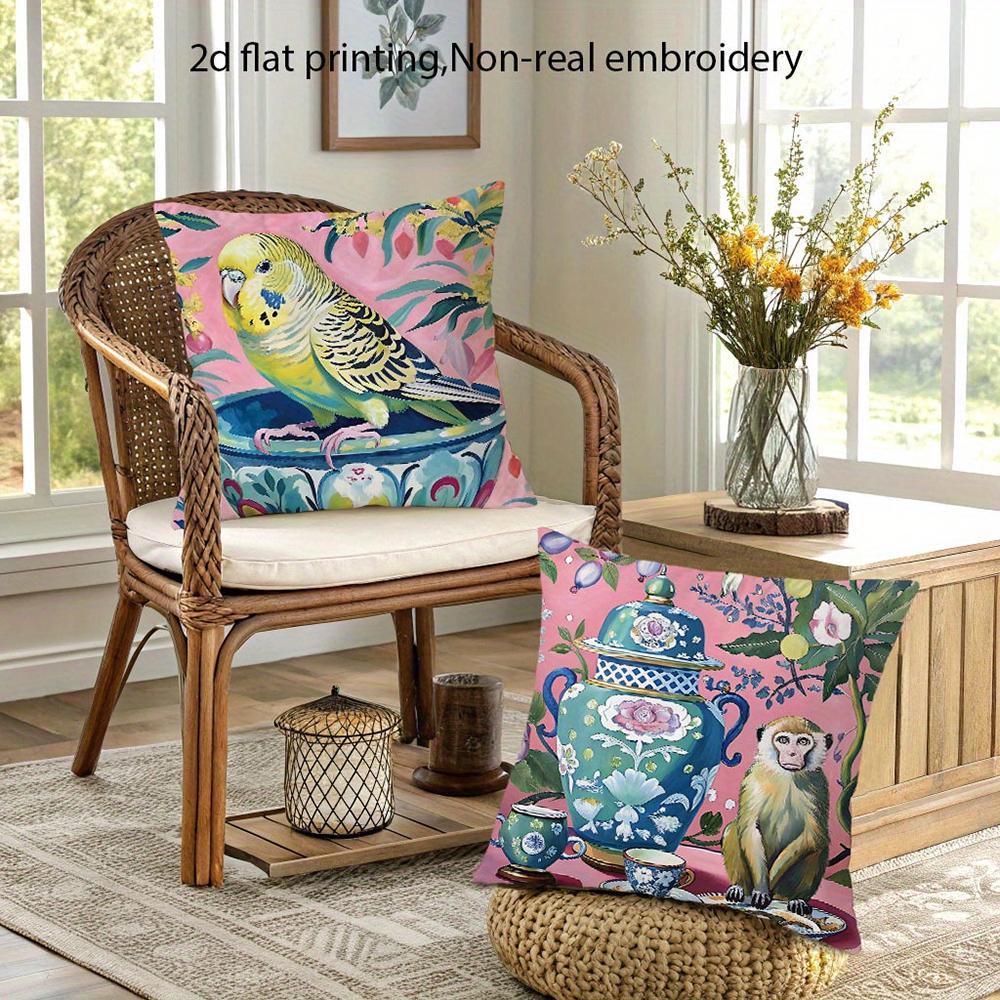 1/4pcs 2D Flat- Chinoiserie Monkey Holding Blue Umbrella Decorative Throw Pillow Cover Home outdoor decoration cushion cover