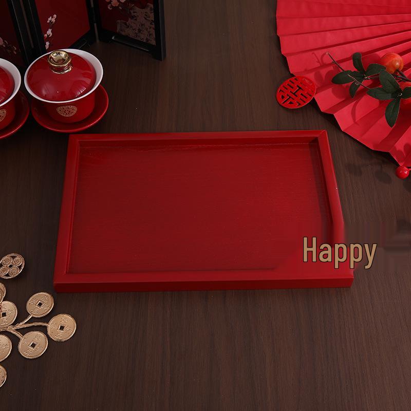 Solid Wood Wedding Tray Set for Fruit, Candy, & Tea Ceremony - Red Engagement Celebration Plate
