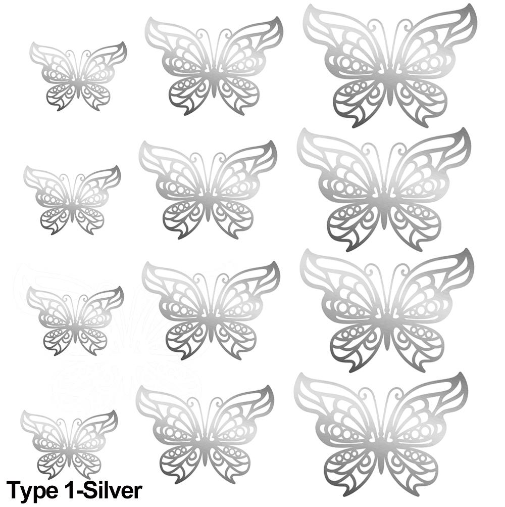 12Pcs/Pack 3D Hollow Out Butterfly Stickers Gold/Silver/Rosegold Mirror Decals Metal Texture Wall Art Wedding Party Supplies
