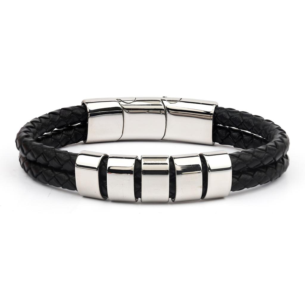 Men's Leather Bracelet Magnetic Tail Buckle Stainless Steel Positioning Ring Engraved Father's Day Gift Double Leather Bracelet