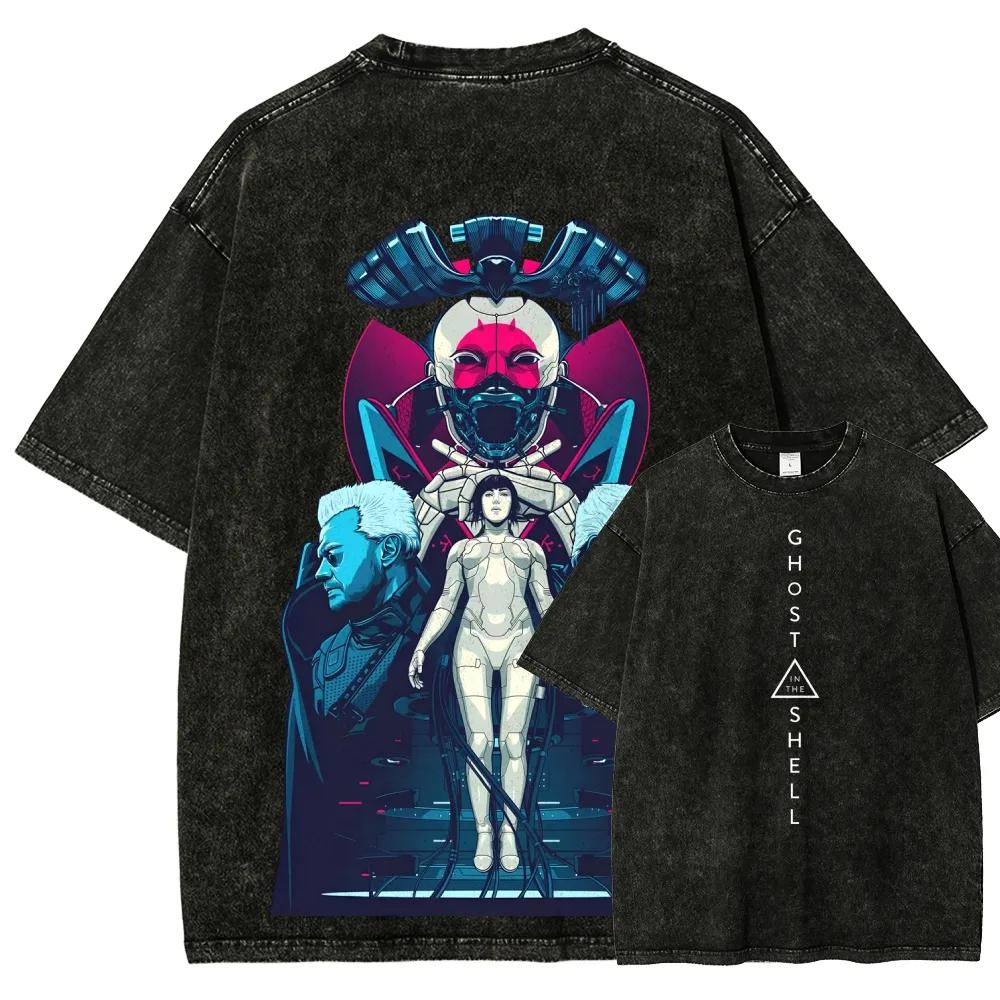 

Japan Classic Anime Ghost in The Shell Graphic Print Retro Washed Tshirt New Harajuku Fashion Unisex Women Cotton Tee Oversized Top S