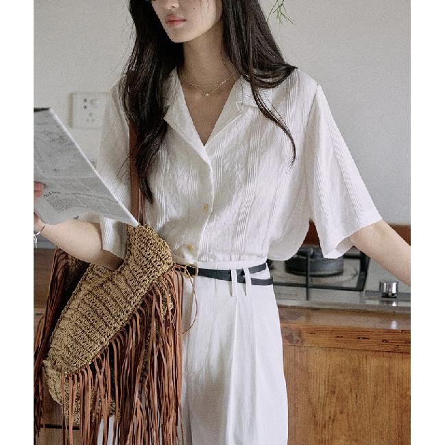 

2026 New Loose Short-Sleeve Cuban Collar Shirt for Women, Vintage Casual Solid Color Top S белый