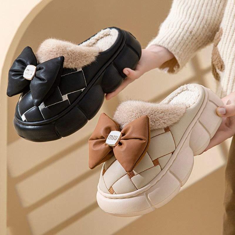 Women's Thick-Soled Waterproof Cotton Slippers - Men's Fashion, Warm Bow Style, Non-Slip for Outdoor Winter Wear.