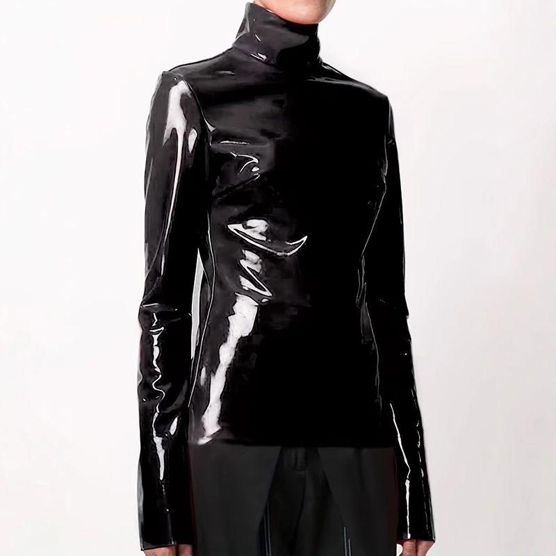 

Foreign Trade Pu Leather Plus-Size Tops for Women, European and American Amazon Women s Clothing, Wish Shiny Patent Leather Nightclub Zipper T-Shirt Black XS