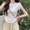 Front Shoulder Crew Neck Short Sleeve T-Shirt Women's Summer Design Sense Waist Skinny Curved Hoop Short Xiaofei Sleeve Slim Top