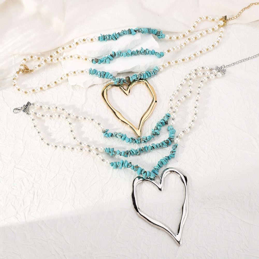 Stone Big Love Heart Necklace Bead Conch Necklace Retro Exaggerated Choker  Party