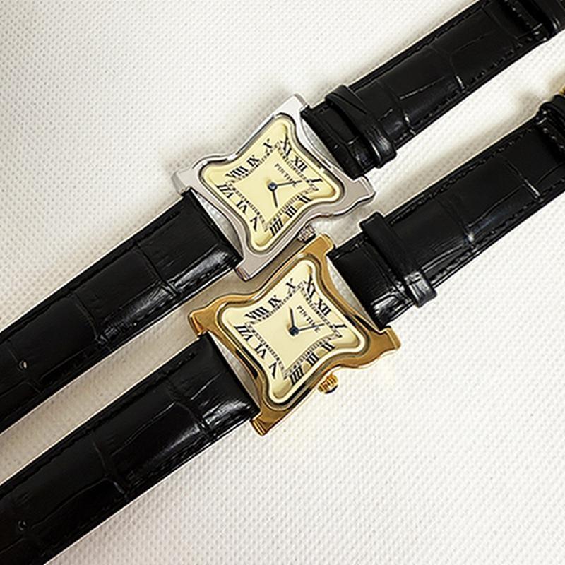 Y2K Goldene Uhren Retro Herren-Quarz-Armbanduhr Quadratische Schmelzende Uhr Römische Ziffern Stundenmarkierungen Unregelmäßige Unisex-Uhr