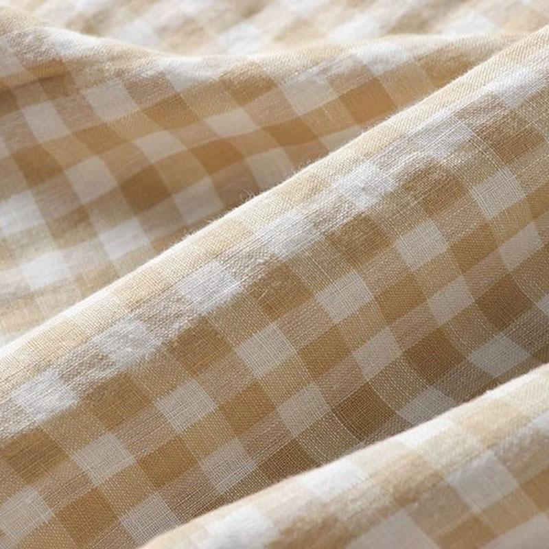 Plaid Dress Women Vintage Half Sleeve Hemp Shirt Dresses Large Size Loose Long Skirt