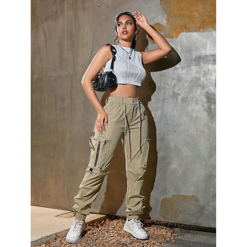Pantalon Cargo Kaki Taille Haute pour Femme avec Cordon de Serrage et Multiples Poches