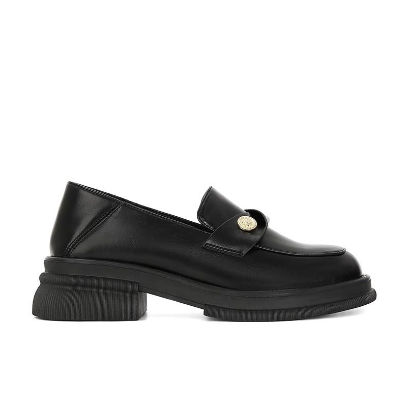 Women Soft Leather Gold Coin Decorative Buckle Black Small Leather Shoes 2025 Fashion Versatile Outdoor Platform Loafer