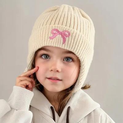 Kinderhüte für Herbst und Winter, Baby-Strickmützen, Mützen mit Schmetterlingsknoten und Ohrenschutz, Warme und dicke Winter-Pullovermützen