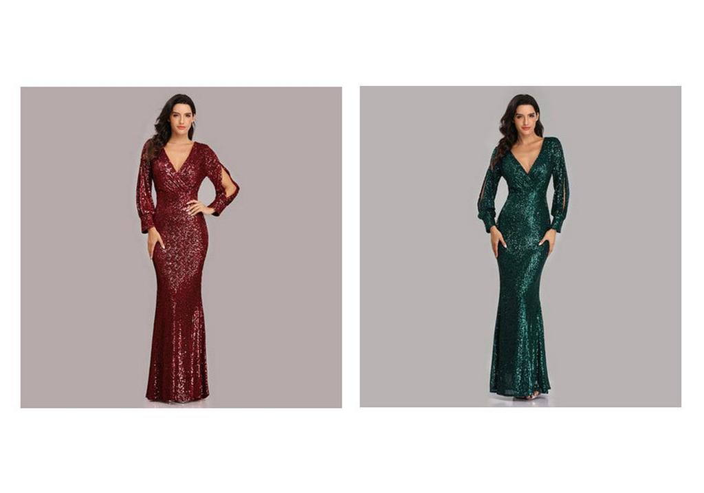 Übergröße V-Ausschnitt Pailletten Meerjungfrau Abendkleid - Mehrfarbig Langarm für Frühling & Herbst
