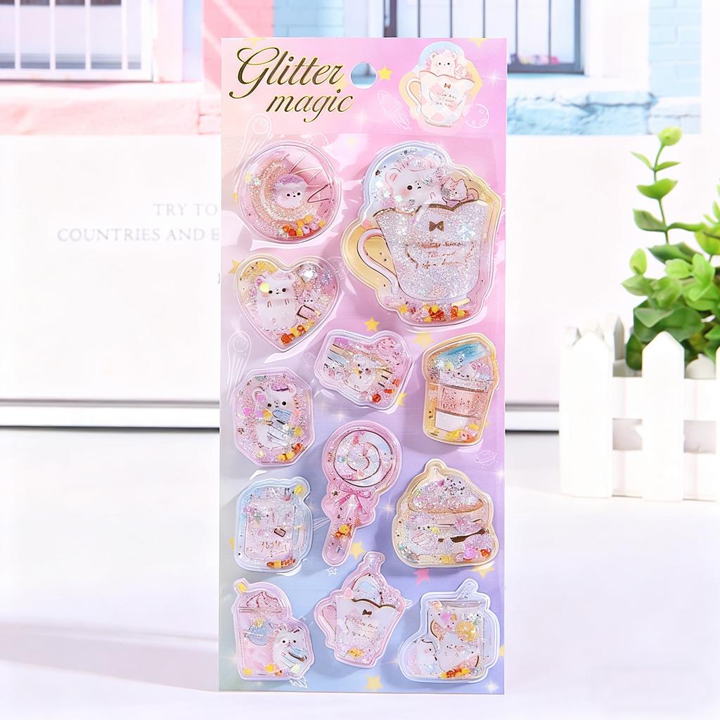 Mr. Paper 6-Style Cartoon 3D Shaker Stickers - Liquid-Filled Decals, Cute Journal Decor, Kindergarten Reward Stickers DIY Cups