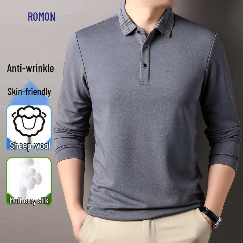 Romon Men's Anti-Wrinkle Silk & Wool Blend Long Sleeve Polo Shirt