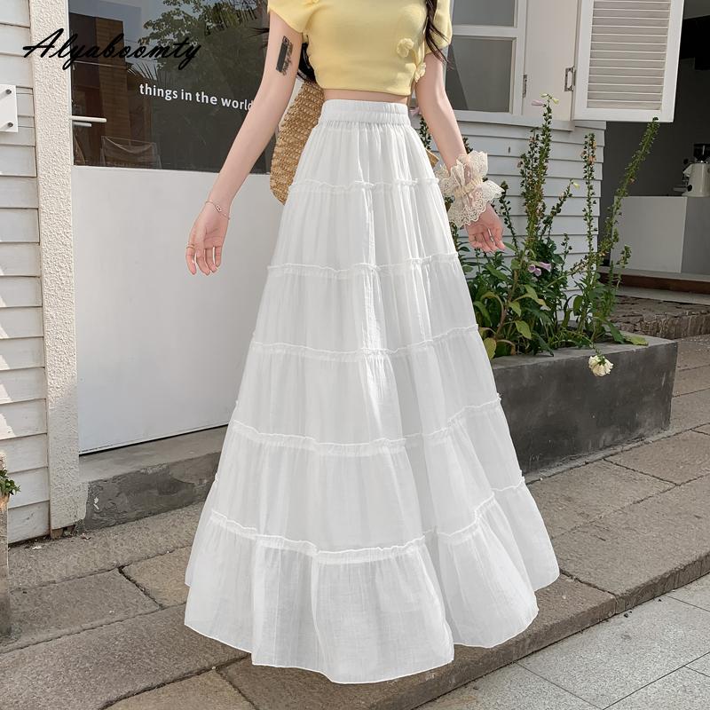 French Style Spring Fall Women Princess Maxi Long Skirt High Waist Black White Beige Green Layered Ruffles Skirt Elegant Feminine Tierred Skirts