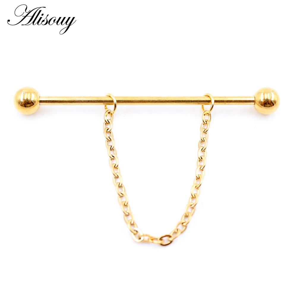 Alisouy 2 st Runda Kulkedja Lång Rostfritt Stål Industriell Hantel Öronbrosk Örhängen Rak Stift Piercing Kroppsmycken