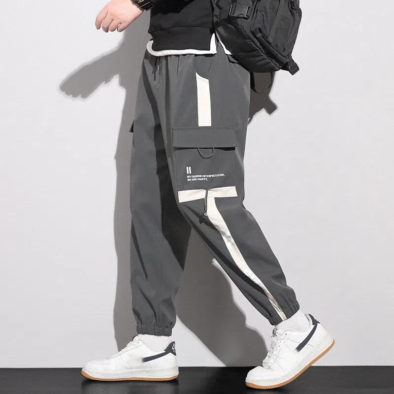 Spring Autumn Drawstring Waist Casual Fashion Cargo Pants Men Streetwear Contrast Trousers