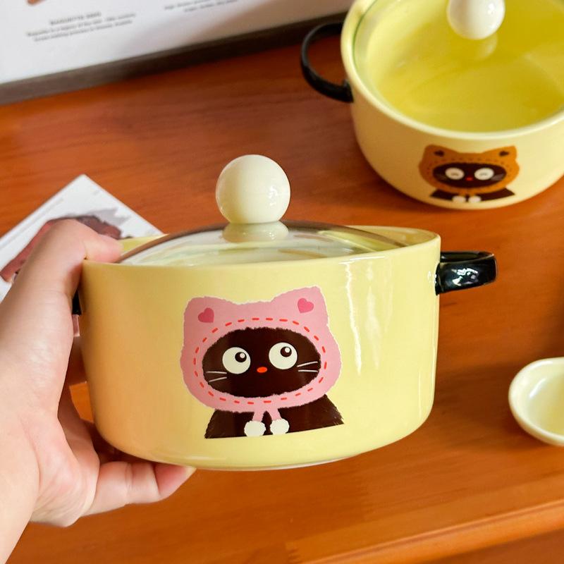 Cute cat ceramic instant noodle bowl with lid student dormitory instant noodle bowl large capacity snail powder personal special bowl