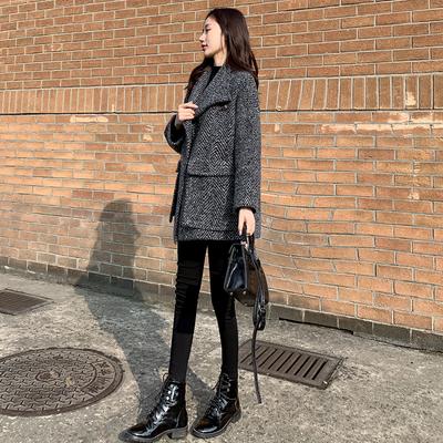 Fischgräten-Wollmantel für Damen im Herbst und Winter Vielseitiger neuer Karomantel Locker Mittellang Kleiner Wollmantel