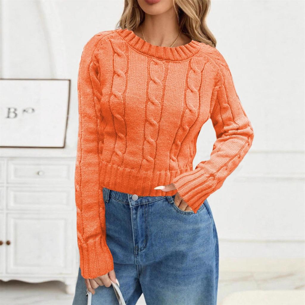 Women's Fashion Solid Color Round Neck Knitted Pullover Long Sleeve Sweater