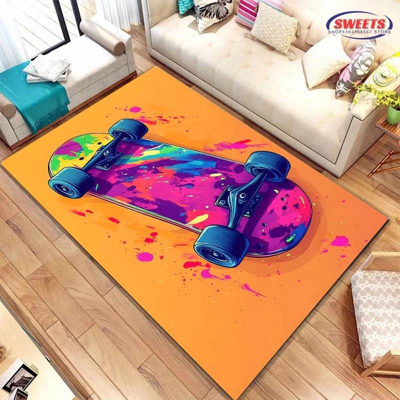 1 Stück Junge Mode Skateboard Print Bereichsteppich, Teppich für Zuhause Wohnzimmer Kinderzimmer Sofa Dekor, Kinder Spiel Rutschfeste Bodenmatte