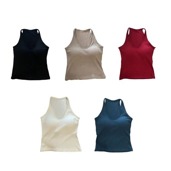 Dame V-hals Halter Polstrede Tanktoppe Ribbet Dobbeltforede Ærmeløse Basis Skjorter med Indbygget BH Sommer Sexede Gå-ud Toppe