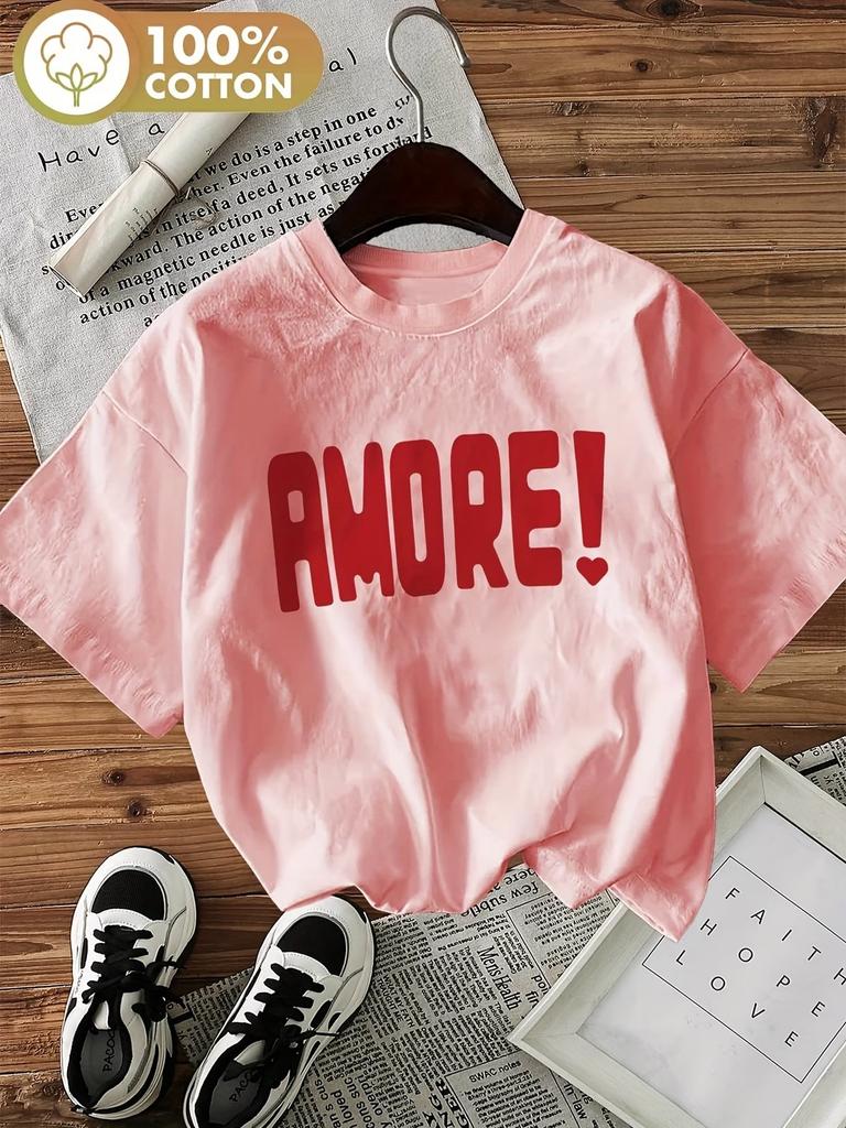 Amor Letter Print Cotton Womens Graphic TShirt Soft Crew Neck Short Sleeve Top Harajuku Shirt Floral Design
