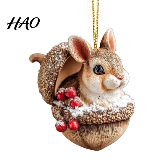 Elegant Holiday Decor Forest Animal Acorn Hanging Ornament, 2D Acrylic Flat Printed Tree Seasonal Ornaments for Christmas, Woodland Creature Pendant,