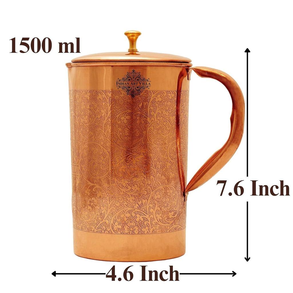 Full Embossed Design Copper Jug Pitcher with Brass Knob, Storage & Serving Water, Yoga Ayurveda Healing, Volume- 1500 ML