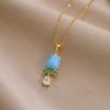 European-American Floral Pearl Necklace with Zirconia Flowers and Full Diamond Pendant