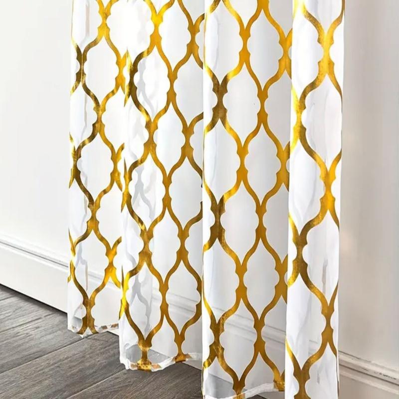 Geometric Gold Foil Sheer Curtains – Set of 2 Panels, Semi-Blackout, Light Filtering Window Curtains