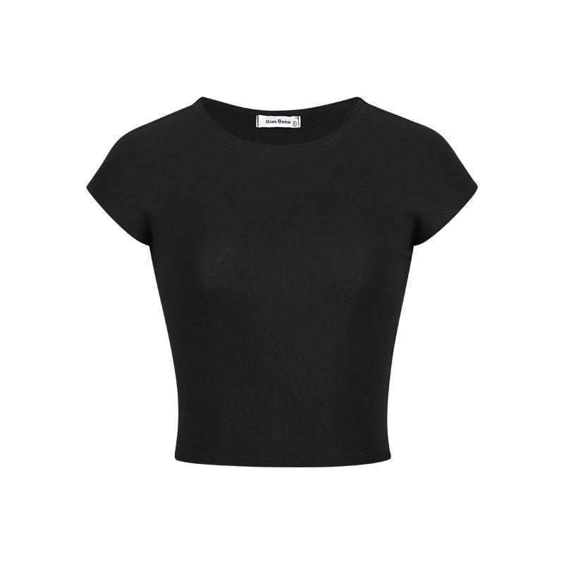 Front Shoulder Crew Neck Spice Girl Open Button Short Sleeve T-shirt, Summer New Short Top Women