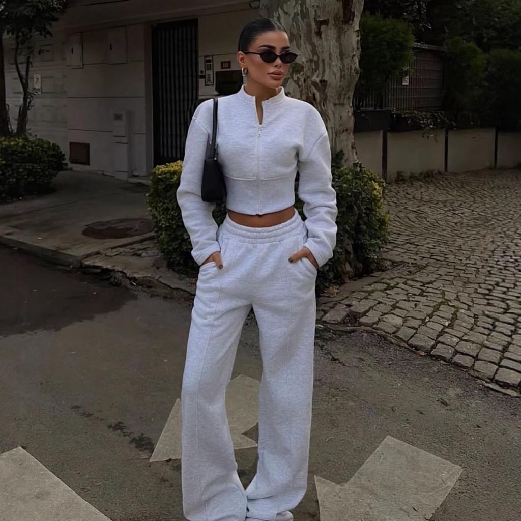 Cross-border European and American casual women's clothing fashion waist sexy zipper cardigan jacket lace-up trousers spring and autumn two-piece set